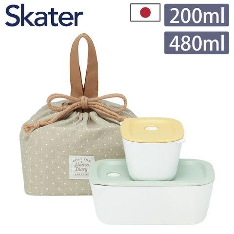【Skater】日本製便當盒黃色200ml+綠色480ml+束口便當提袋3件組 (午餐盒/野餐袋)