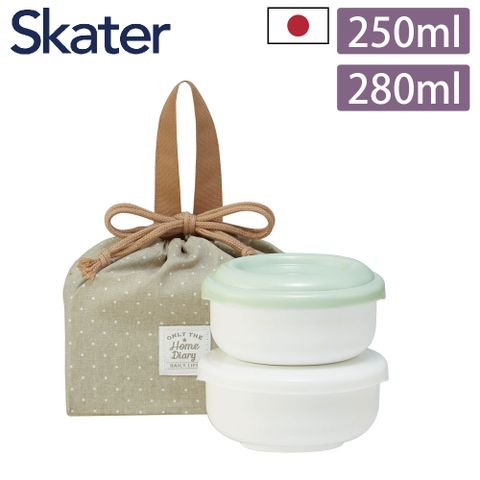 【Skater】日本製圓型便當盒250ml+280ml(綠色/白色)+束口便當提袋3件組 (午餐盒/野餐袋)