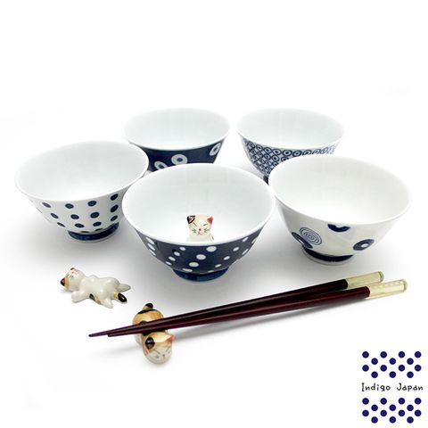 【日本西海陶器】波佐見燒五入飯碗組-藍丸紋(輕量瓷飯碗)11.5x6.5cm