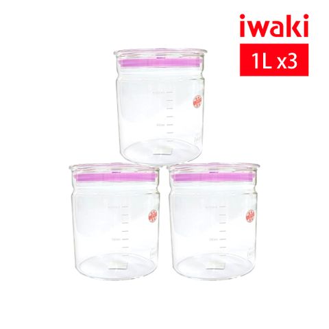 iwaki 日本品牌耐熱玻璃微波密封罐1L-三入組