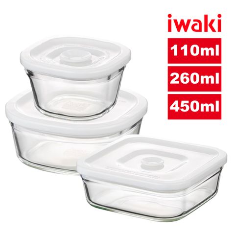 iwaki 日本品牌耐熱玻璃方形微波密封盒三入組(110ml/260ml/450ml)