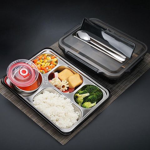 304不鏽鋼帶餐具蓋分格飯盒 湯碗款 贈304餐具 密封便當盒 午餐盒-4格款