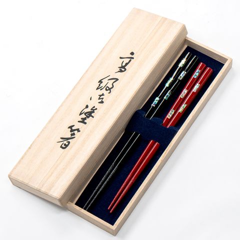 【若狹塗】日本製 慶典 鑲貝漆筷2入禮盒組 夫妻筷 鮑魚貝 筷子 日本筷子