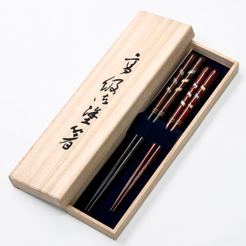 【若狹塗】日本製 雙澤珠貝 鑲貝漆筷2入禮盒組 夫妻筷 鮑魚貝 筷子 日本筷子