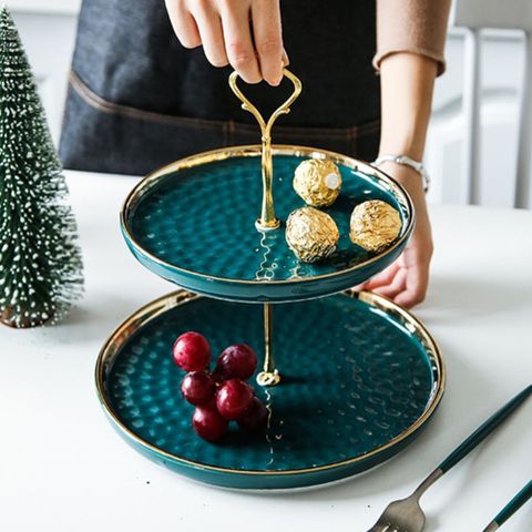 歐式創意陶瓷雙層下午茶甜點水果盤蛋糕架-金邊綠色