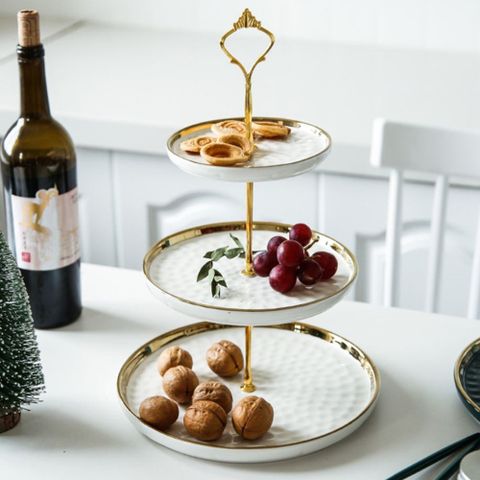 歐式金邊三層創意陶瓷下午茶甜點水果盤蛋糕架-金邊白色