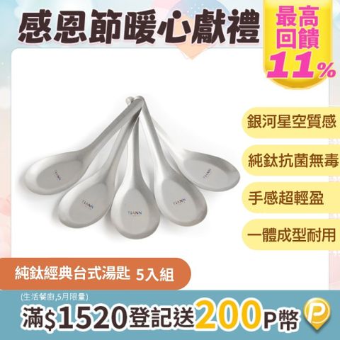 TiANN 鈦安 一起守護全家的健康經典 純鈦 台式湯匙 5入套組 安全不燙手/抗菌 /無金屬異味 /輕巧