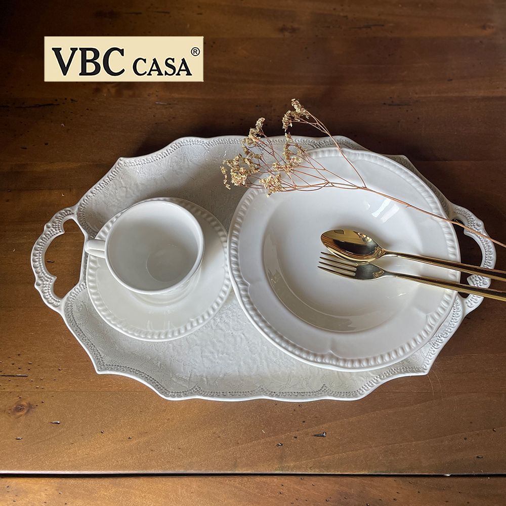  義大利VBC casa-手工浮雕蕾絲系列米白色47x28cm長橢圓形雙耳餐盤 餐盤 淺盤 橢圓盤 橢圓碗 分享盤 果缽 果盤