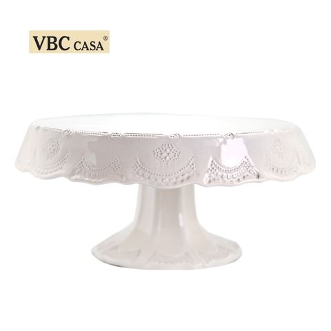 義大利VBC casa-手工浮雕蕾絲系列32cm高腳蛋糕盤(米白色)