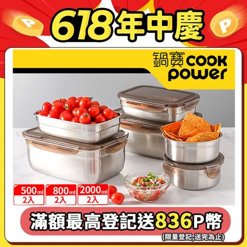 【CookPower 鍋寶】316不鏽鋼保鮮盒雙雙對對6入組 EO-BVS20Z208Z205Z