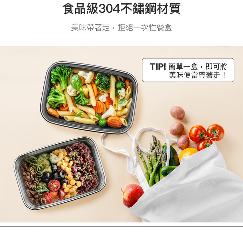 食品級304不鏽鋼材質美味帶著走,拒絕一次性餐盒TIP! 簡單一盒,即可將美味便當帶著走!