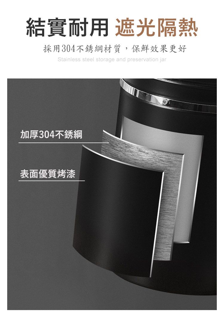 結實耐用 遮光隔熱採用304不銹鋼材質,保鮮效果更好Stainless steel storage and preservation jar加厚304不銹綱表面優質烤漆