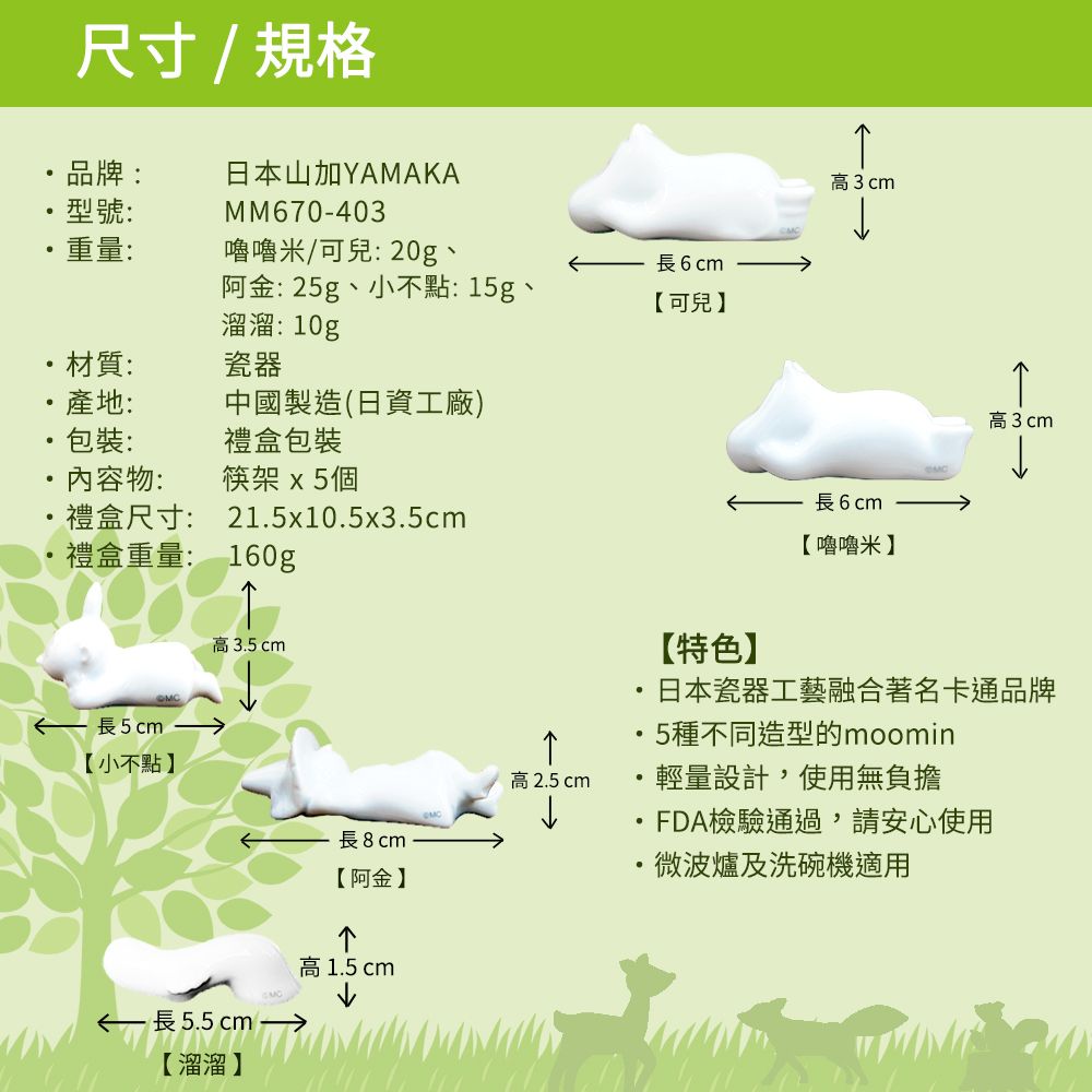 尺寸/ 規格品牌:日本山加YAMAKA型號:MM670-403重量:嚕嚕米/可兒:20g長6cm阿金:25g小不點:15g、【可兒溜溜: 10g材質:瓷器產地:中國製造(日資工廠)包裝:禮盒包裝內容物:禮盒尺寸:筷架 x5個21.5x10.5x3.5cm禮盒重量:160g長5cm【小不點高3.5cm長 8cm【阿金】長5.5cm【溜溜】高1.5 cm高3cm長6cm【嚕嚕米】高3cm高 2.5 cm【特色】日本瓷器工藝融合著名卡通品牌5種不同造型的moomin輕量設計,使用無負擔FDA檢驗通過,請安心使用微波爐及洗碗機適用