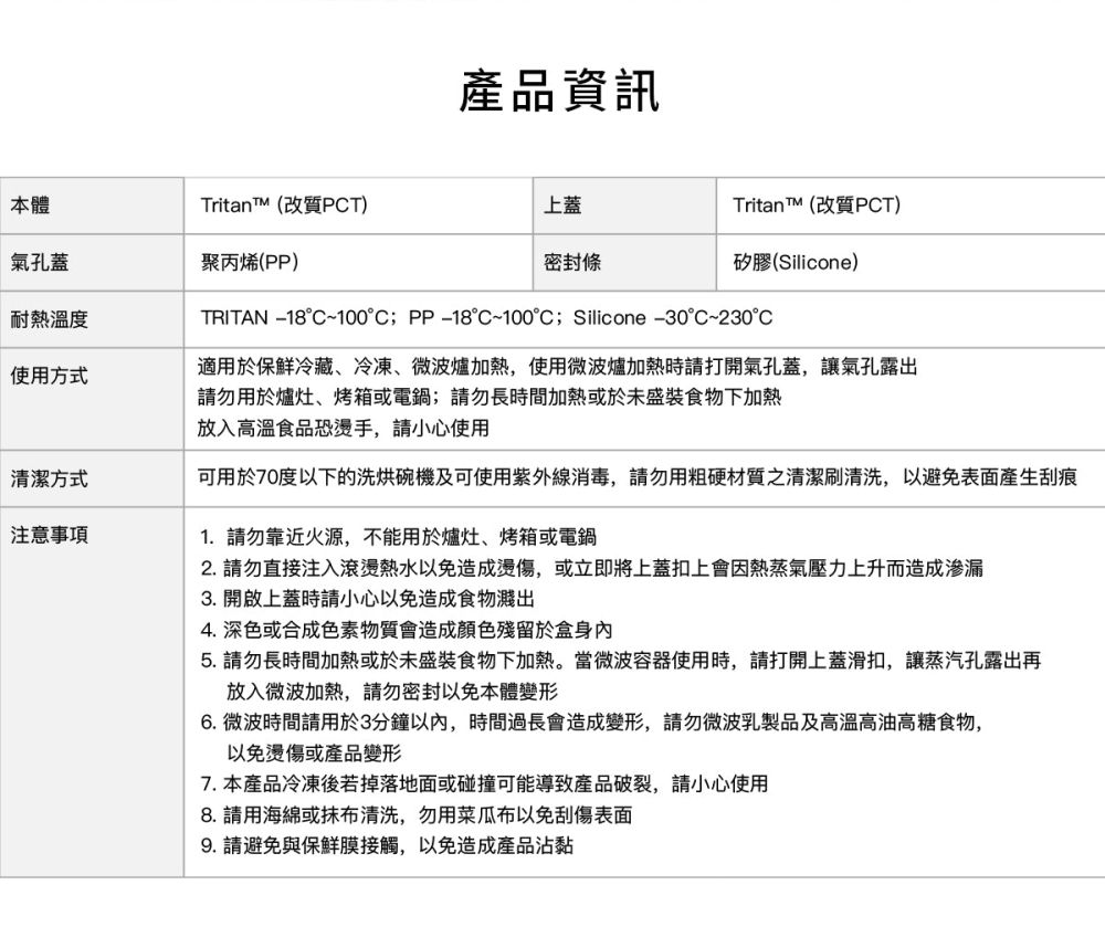 產品資訊本體Tritant(改質PCT)上蓋氣孔蓋聚丙烯(PP)密封條耐熱溫度使用方式清潔方式注意事項Tritan™ (改質PCT)矽膠(Silicone)TRITAN °C~100°C;PP18°C~100°C; Silicone -30°C~230°C適用於保鲜冷藏、冷凍、微波爐加熱,使用微波爐加熱時請打開氣孔蓋,讓氣孔露出請勿用於爐灶、烤箱或電鍋;請勿長時間加熱或於未盛裝食物下加熱放入高溫食品恐,請小心使用可用於70度以下的洗烘碗機及可使用紫外線消毒,請勿用粗硬材質之清潔刷清洗,以避免表面產生刮痕1. 請勿靠近火源,不能用於爐灶、烤箱或電鍋2. 請勿直接注入滾燙熱水以免造成,或立即將上蓋扣上會因熱蒸氣壓力上升而造成渗漏3. 開啟上蓋時請小心以免造成食物濺出4. 深色或合成色素物質會造成顏色殘留於盒身內5. 請勿長時間加熱或於未盛裝食物下加熱。當微波容器使用時,請打開上蓋滑扣,讓蒸汽孔露出再放入微波加熱,請勿密封以免本體變形6. 微波時間請用於3分鐘以內,時間過長會造成變形,請勿微波乳製品及高溫高油高糖食物,以免燙傷或產品變形7.本產品冷凍後若掉落地面或碰撞可能導致產品破裂,請小心使用8. 請用海綿或抹布清洗,勿用菜瓜布以免刮傷表面9. 請避免與保鮮膜接觸,以免造成產品沾黏