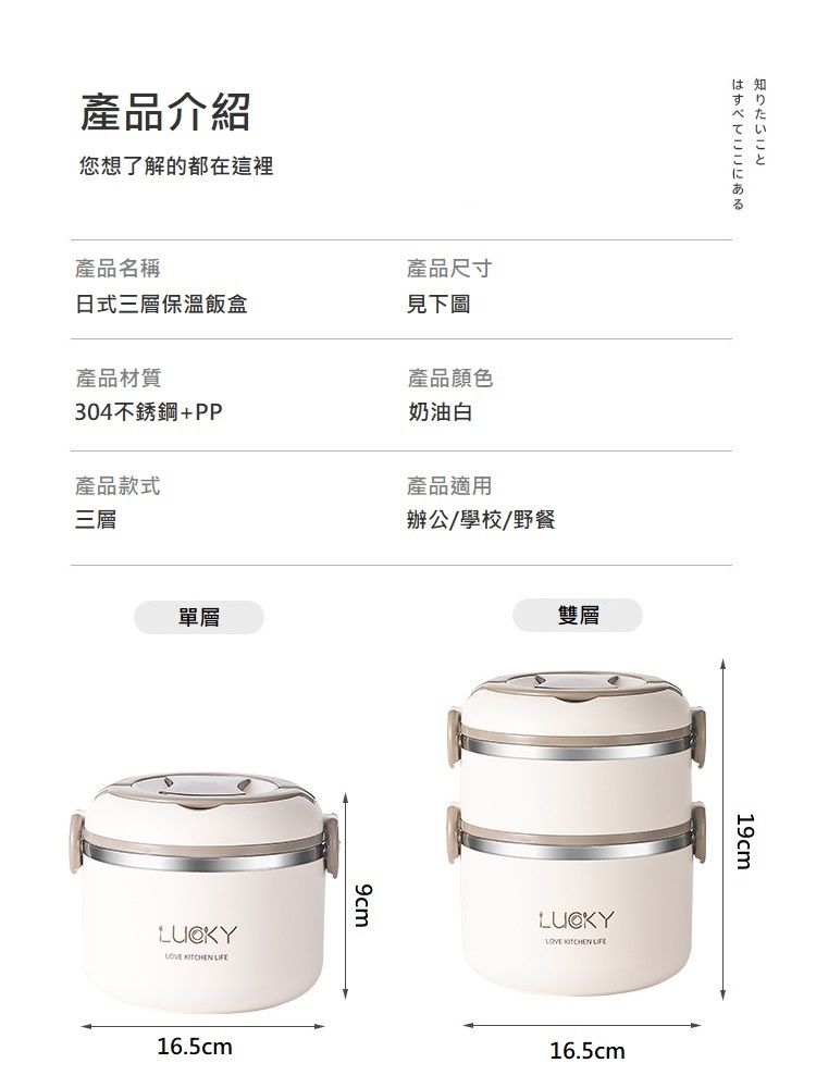 產品介紹您想了解的都在這裡產品名稱產品尺寸日式三層保溫飯盒見下圖產品材質產品顏色304不銹鋼+PP奶油白產品款式產品適用三層辦公/學校/野餐單層  16.5cm知りたいことはすべてここにある雙層LUCKYLOVE KITCHEN LIFE16.5cm19cm