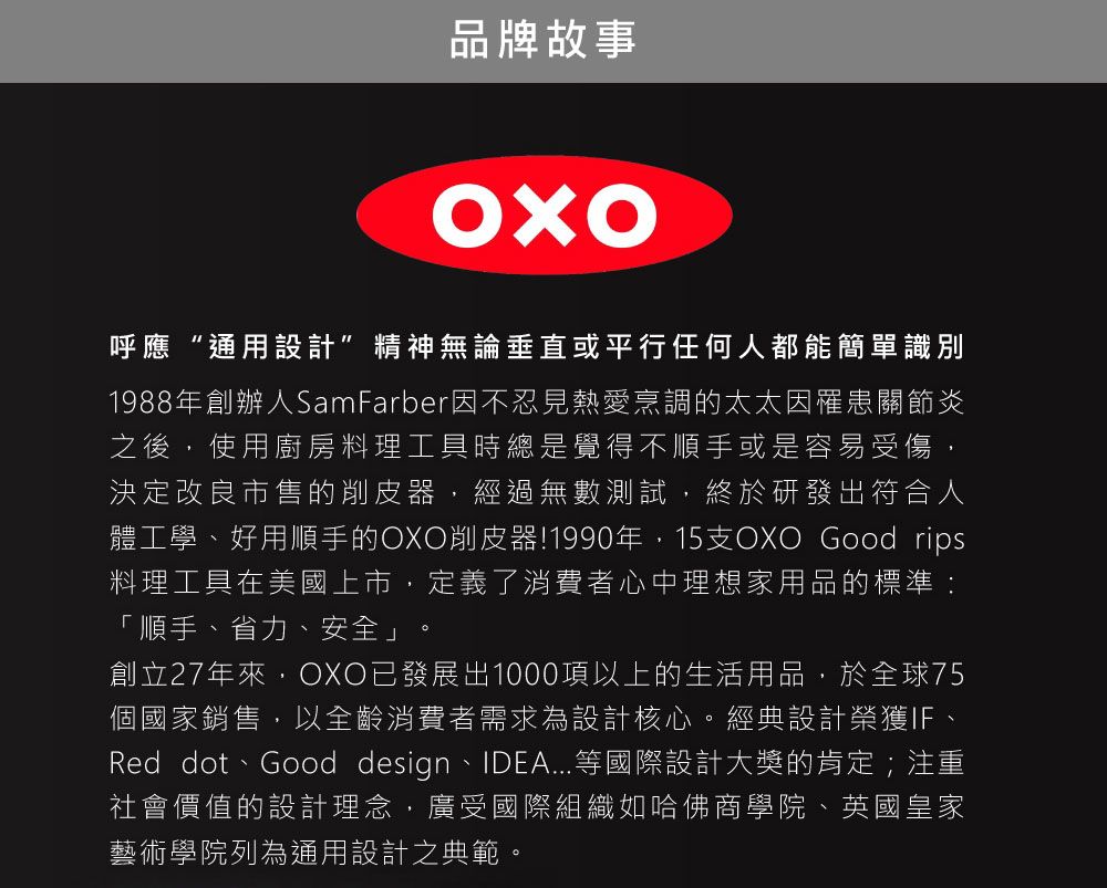 品牌故事呼應“通用設計精神無論垂直或平行任何人都能簡單識別1988年創辦人SamFarber因不忍見熱愛烹調的太太因罹患關節炎之後,使用廚房料理工具時總是覺得不順手或是容易受傷,決定改良市售的削皮器,經過無數測試,終於研發出符合人體工學、好用順手的OXO削皮器!1990年,15支OXO Good rips料理工具在美國上市,定義了消費者心中理想家用品的標準:「順手、省力、安全」創立27年來,OXO已發展出1000項以上的生活用品,於全球75個國家銷售,以全齡消費者需求為設計核心。經典設計榮獲IF、Red dot、Good design、IDEA...等國際設計大獎的肯定;注重社會價值的設計理念,廣受國際組織如哈佛商學院、英國皇家藝術學院列為通用設計之典範。