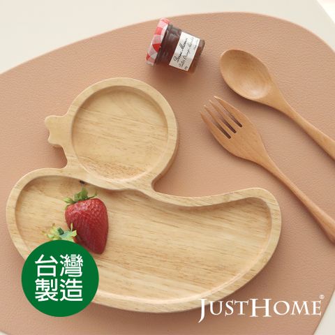 Just Home 家飾主義 台灣製剪影橡膠木餐盤-鴨子外型-附原木叉子/湯匙(3件組)