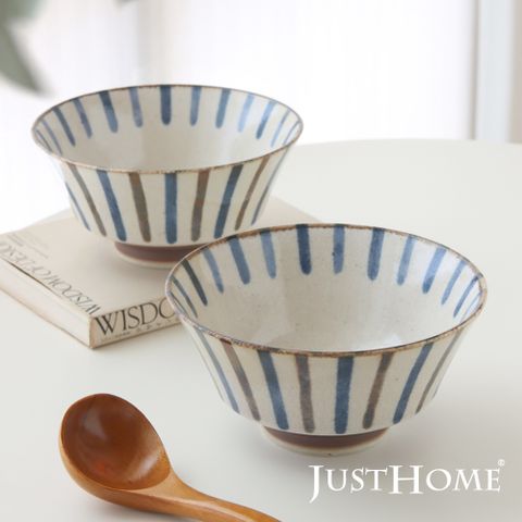 Just Home日本製棕藍十草線條陶瓷7吋高腳麵碗2件組/丼/多用井