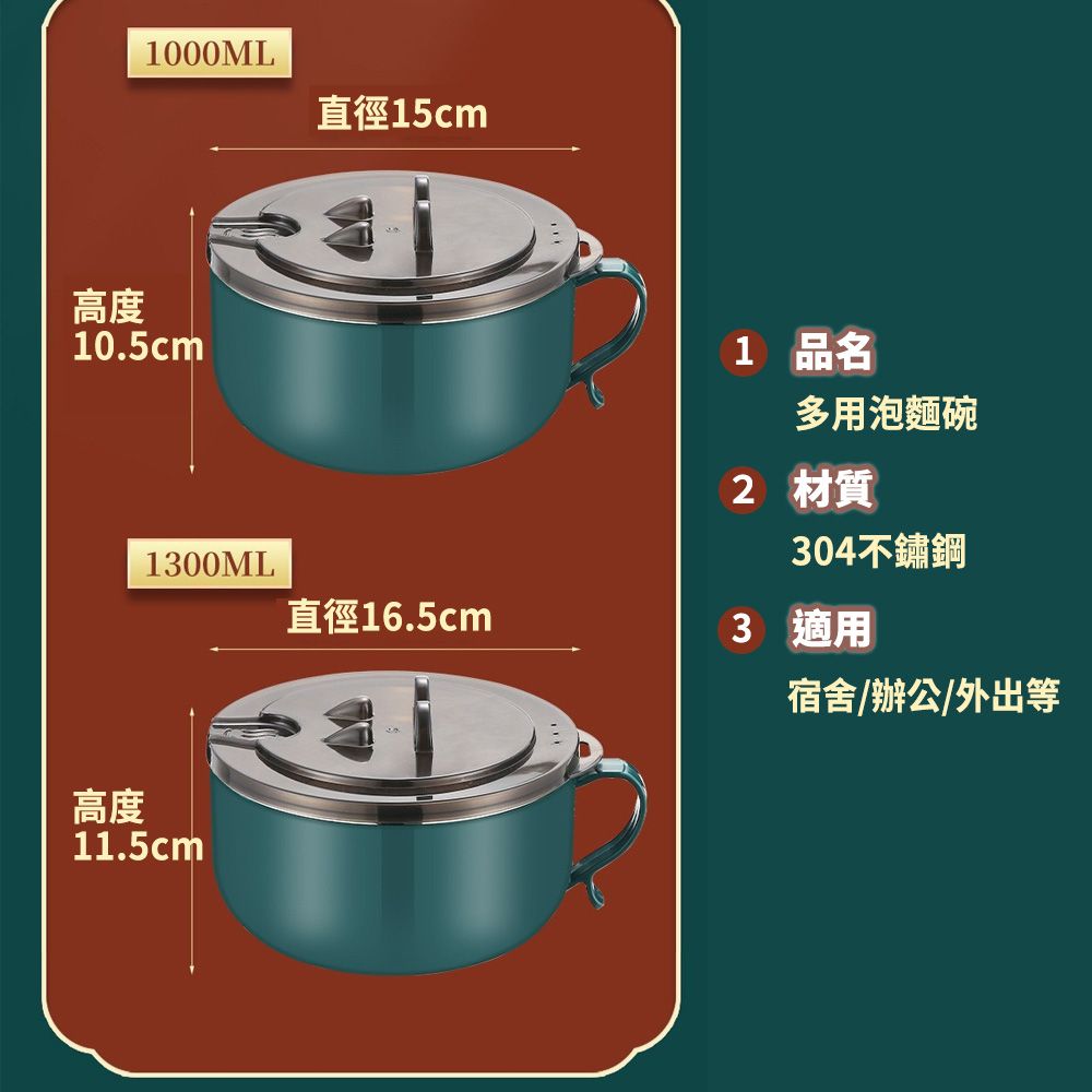 1000ML直徑15cm高度10.5cm1300ML高度11.5cm直徑16.5cm1 品名多用泡麵碗2 材質304不鏽鋼3 適用宿舍/辦公/外出等