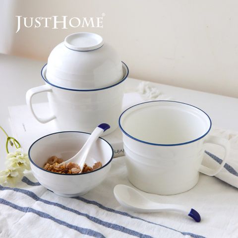 Just Home簡約藍邊陶瓷把手泡麵碗900ml-麵碗+飯碗+湯匙6件組(大容量/可微波/麵碗/湯碗/碗/飯碗)