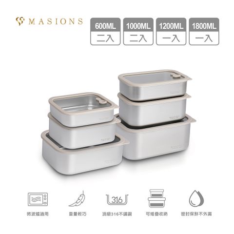 【MASIONS 美心】PREMIUM 可微波 皇家316不鏽鋼矽膠玻璃蓋抗菌保鮮盒(1800ml+1000ml)