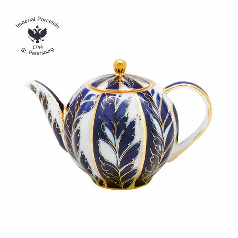 俄羅斯Imperial Porcelain-質感藍調系列-藍調金葉22K金手工600ml花茶壺禮組
