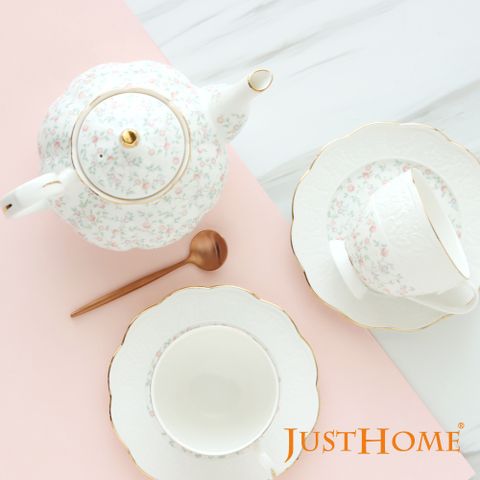 Just Home法式浮雕新骨瓷1壺6杯午茶組(咖啡杯+壺)
