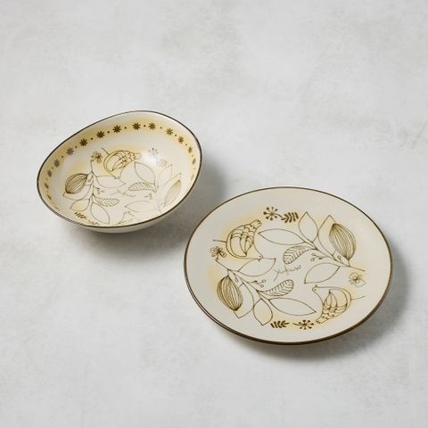 日本美濃燒 - 芬蘭花紋碗盤組(2件式) - 兩款任選
