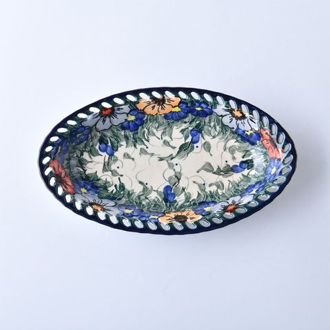 波蘭陶 紫花蔓藤系列 洞邊橢圓盤 21.5cm 波蘭手工製