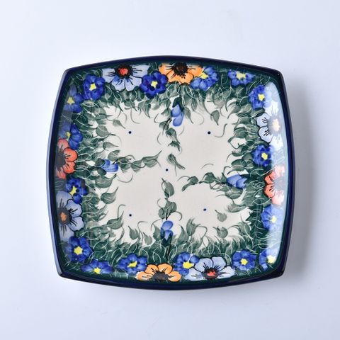 波蘭陶 紫花蔓藤系列 方形淺盤 18.5cm 波蘭手工製