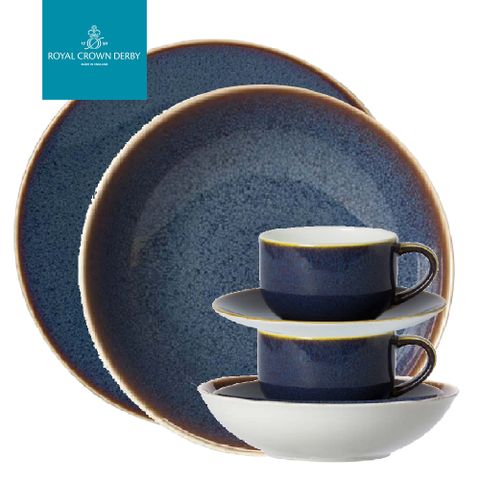 【新婚送禮】英國Royal Crown Derby-Art Glaze藝術彩釉系列-杯碗盤5件禮盒組-黛紫 義式碗盤 骨瓷盤