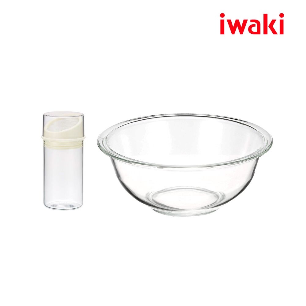 iwaki 日本耐熱玻璃烘焙料理二件組(玻璃碗2.5L+麵粉罐140ml)