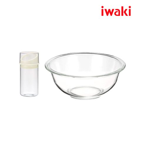 【iwaki】日本耐熱玻璃烘焙料理二件組(玻璃碗2.5L+麵粉罐140ml)