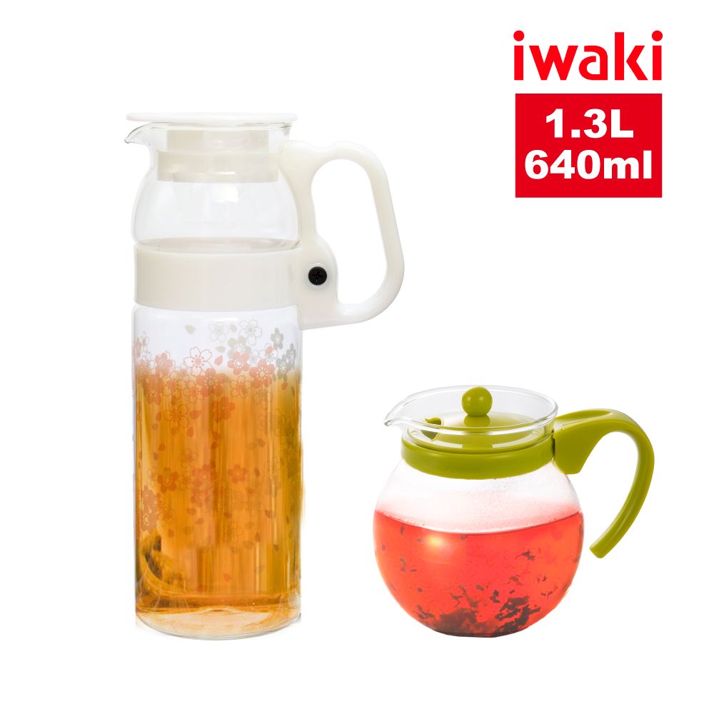 iwaki】日本耐熱玻璃茶壺2件組(沖茶器640ml+櫻花水壺1.3L) - PChome