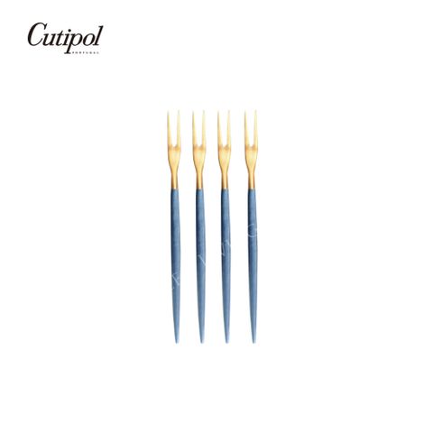 葡萄牙Cutipol GOA 系列-藍金霧面不銹鋼-11.5cm水果小叉(四入組) 水果叉 迷你叉 蛋糕叉 小叉子 叉子