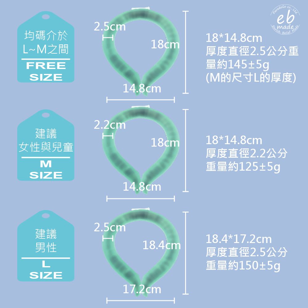 2.5cm均碼介於HLM之間18cmFREESIZE14.8cm18*14.8cm ebBelief厚度直徑2.5公分量約145±5g(M的尺寸L的厚度)2.2cm建議H女性與兒童18cm18*14.8cm厚度直徑2.2公分MSIZE建議男性2.5cm14.8cm18.4cmLSIZE17.2cm重量約125±5g18.4*17.2cm厚度直徑2.5公分重量約150±5g