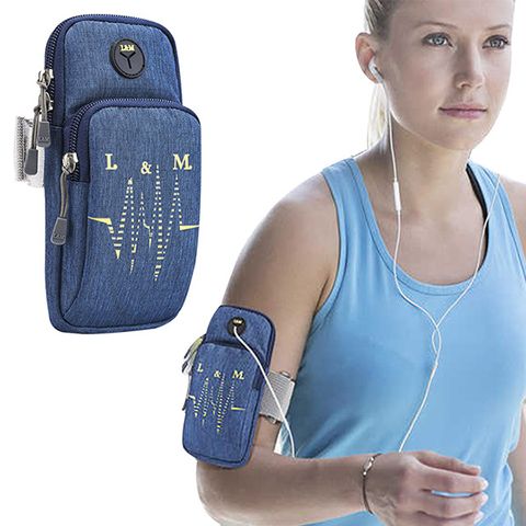 【活力揚邑】防水透氣排汗耳機孔跑步自行車運動手機音樂臂包臂袋臂帶臂套7.2吋以下通用-藍超大容量設計,可放7.2吋手機