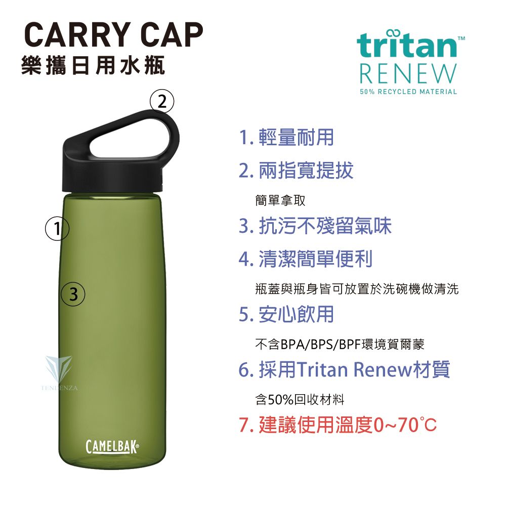 CARRY CAP樂攜日用水瓶13TENDENZACAMELBAK21. 輕量耐用2. 兩指寬提拔簡單拿取tritanRENEW50% RECYCLED MATERIAL3. 抗污不殘留氣味4. 清潔簡單便利瓶蓋與瓶身皆可放置於洗碗機做清洗5. 安心飲用不含BPA/BPS/BPF環境賀爾蒙6. 採用Tritan Renew材質含50%回收材料7. 建議使用溫度0~70