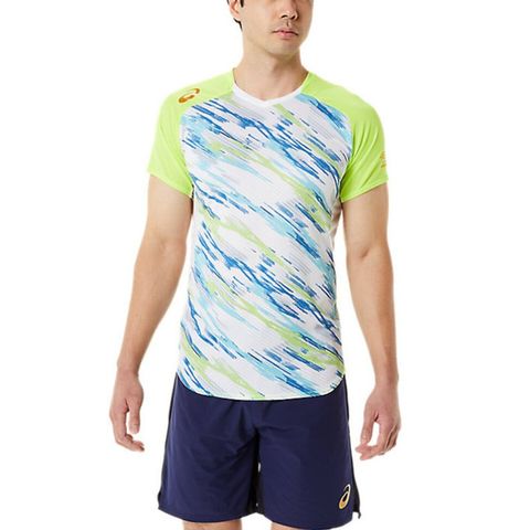 Asics [2051A303-100] 男 T恤 短袖上衣 排球 運動 輕量 快乾 亞瑟士 白藍 螢黃