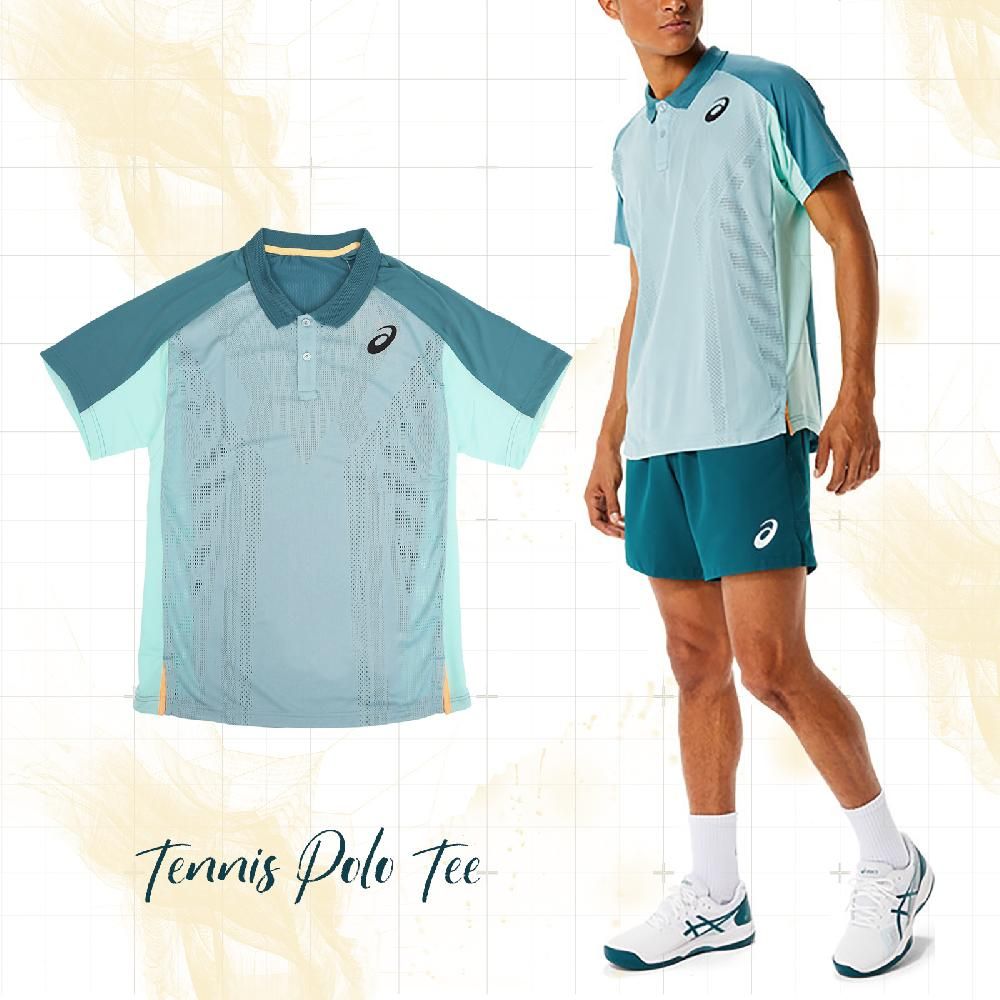 Asics 亞瑟士  短袖上衣 Tennis Polo Tee 男款 湖水綠 緹花孔洞 散熱 防潑水 短T 運動 襯衫領 2041A193302