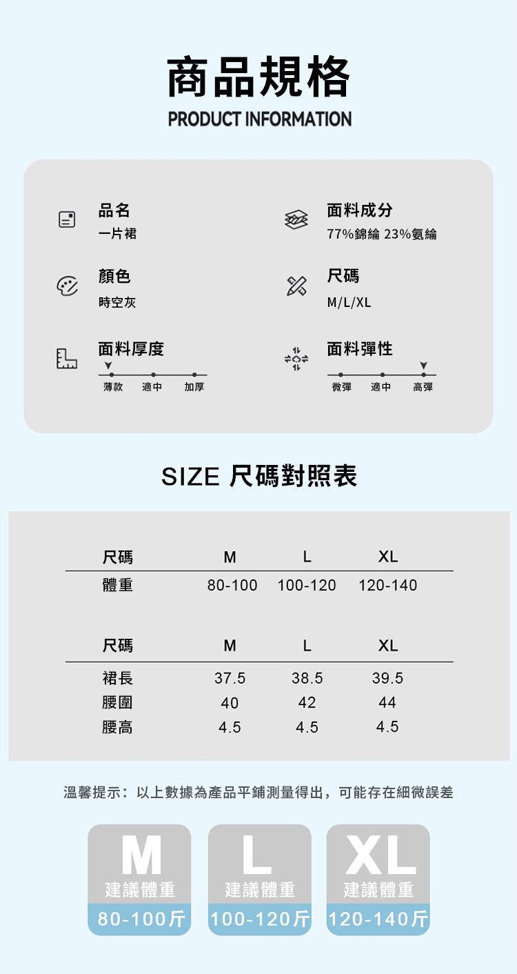 商品規格PRODUCT INFORMATION品名一片裙顏色時空灰面料成分77%錦綸 23%氨綸尺碼M/L/XL面料厚度薄款 適中加厚仆面料彈性微彈 適中高彈SIZE 尺碼對照表尺碼MLXL體重80-100 100-120 120-140尺碼MLXL裙長37.538.539.5腰圍404244腰高4.54.54.5溫馨提示:以上數據為產品平鋪測量得出,可能存在細微誤差MLXL建議體重建議體重建議體重80-100斤100-120斤120-140斤