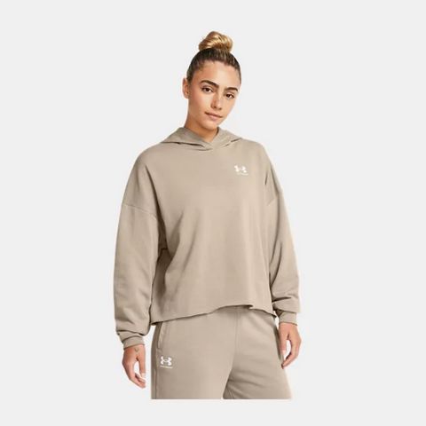 【UNDER ARMOUR】Rival Terry OS 連帽長袖套頭衫 女 帽T 卡其色-1382736-204