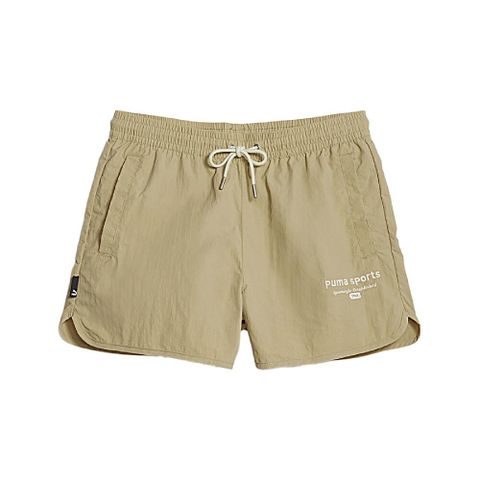 短褲 TEAM Woven Shorts 女款 奶茶 白 寬鬆 抽繩 開衩 刺繡 62144184