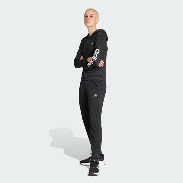 adidas 愛迪達 Adidas W Linear TS HZ2258 女 運動套裝 連帽外套+長褲 休閒 黑