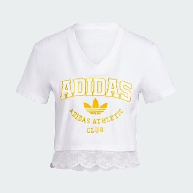 adidas Originals Adidas Cropped Vneck II5608 女 短版 短袖 上衣 V領 亞洲版 經典 三葉草 休閒 白黃