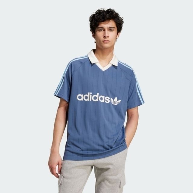 adidas Originals Adidas Stripe Jersey IU0199 男 短袖 上衣 V領 運動 休閒 條紋 三葉草 舒適 藍