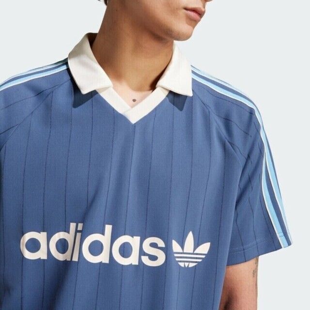 adidas Originals Adidas Stripe Jersey IU0199 男 短袖 上衣 V領 運動 休閒 條紋 三葉草 舒適 藍