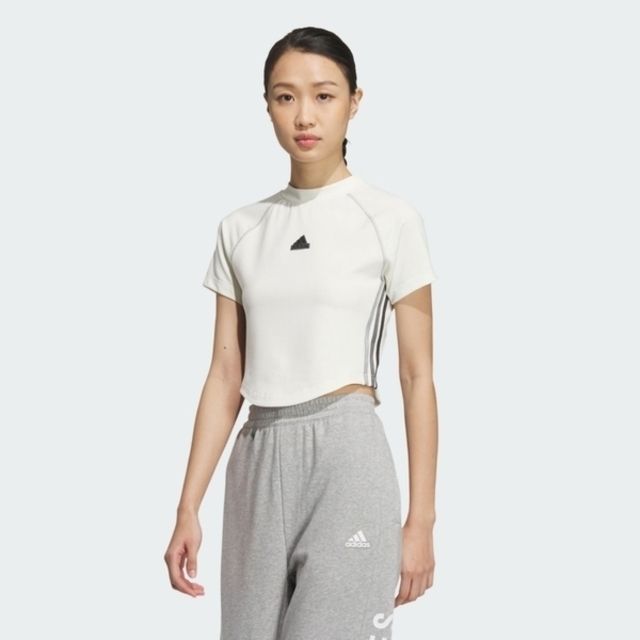 ADIDAS 愛迪達  Crop SS Tee JJ1113 女 短版 短袖 上衣 運動 休閒 修身 貼合 舒適 白灰