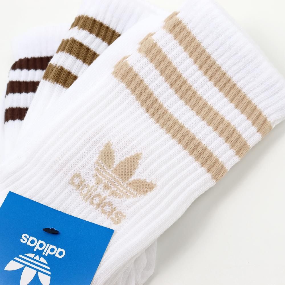 ADIDAS 愛迪達   長襪 Mid Cut Crew Socks 3 Pairs 白 棕 三葉草 三條紋 休閒襪 IX7513