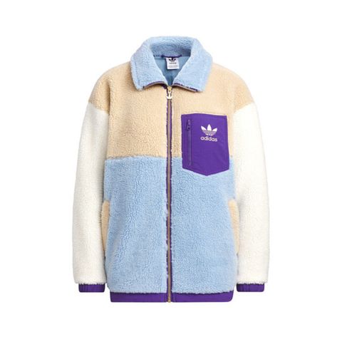 adidas Originals Adidas Sherpa JKT W IN0987 女 立領 外套 休閒 三葉草 羊羔絨 拚色 保暖 粉藍